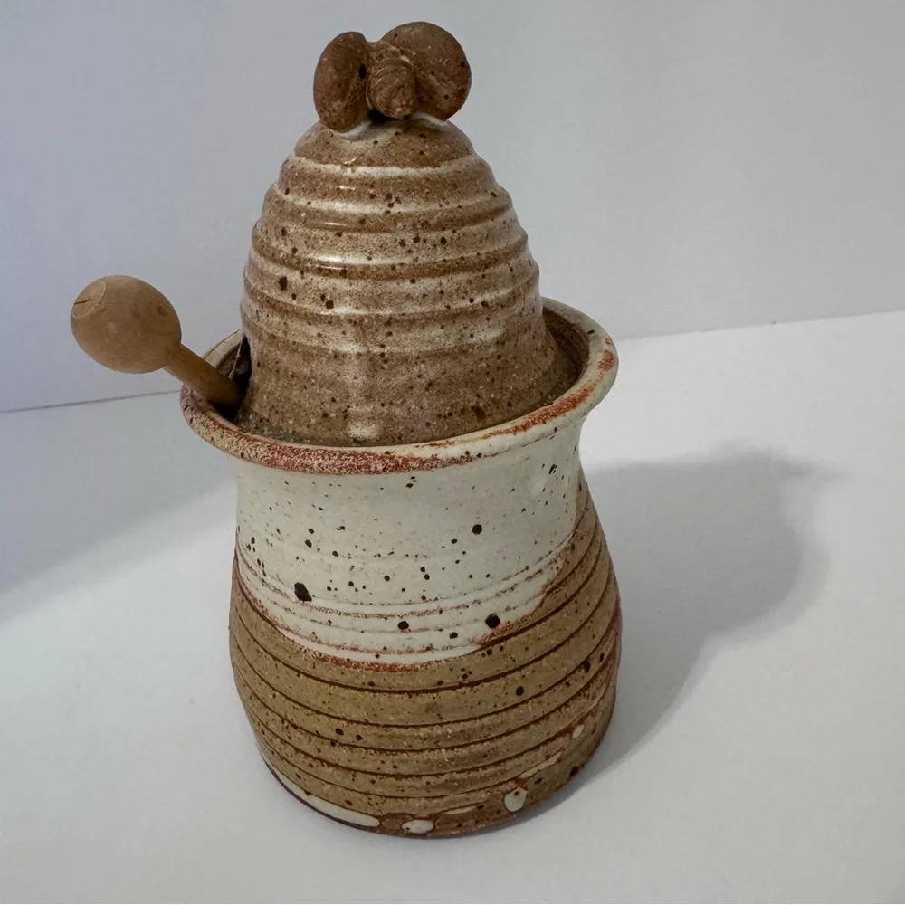 Vintage Wagner Village Pottery Honey Pot Jar Wood Dipper Signed Stoneware Lidded